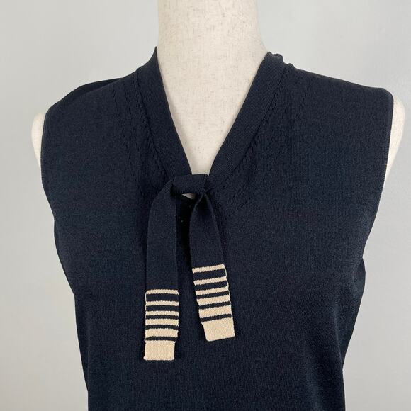 Vintage Jones NY Tie Neck Knit Sleeveless Sweater Top Black Retro Striped Vest M - Picture 2 of 10